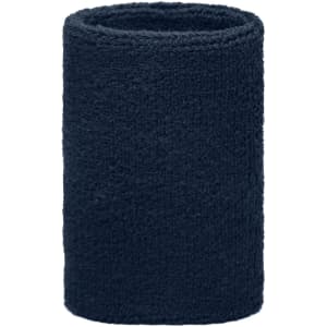A navy blue wristband made of soft fabric, featuring a logo on its surface.