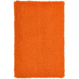 An orange, textured wristband with a soft, fluffy surface, featuring a logo.