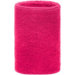A bright pink sporty wristband made of soft, textured fabric, featuring a circular design.