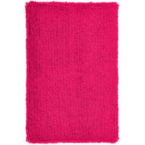 A vibrant pink wristband with a fluffy texture, featuring a logo or branding. Ideal for events and exhibitions.