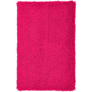 A bright pink fluffy wristband featuring a soft texture, suitable for events and exhibitions. It has a logo.