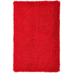 A plush red wristband with a textured surface, designed for events and exhibitions. It features a branding logo.