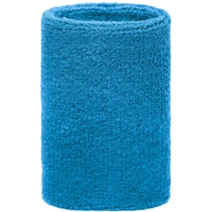 A blue sporty wristband made of soft fabric, cylindrical in shape, featuring a logo.