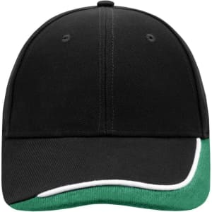 A black cap with a green and white brim, featuring a logo on the front.