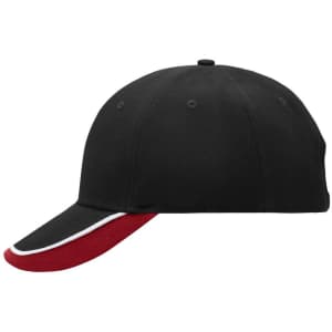 A black cap with a red brim and white detailing, featuring a logo on the front.