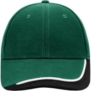A green cap with a black visor and white piping. It features a logo on the front.