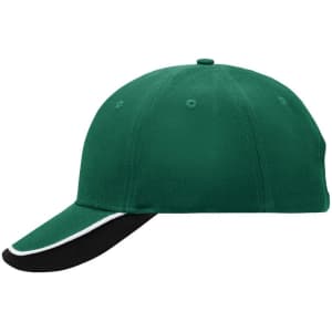 A green cap with a black peak and white piping, featuring a logo on the front.