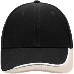 A black cap with a beige visor and white trim, featuring a logo on the front.