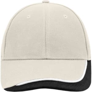 A cap featuring a light beige body with a black peak and white trim, complete with a logo.
