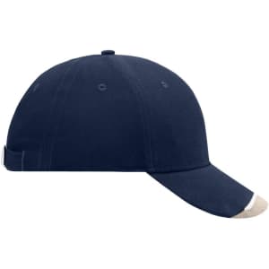 A navy blue cap with a beige brim, featuring a logo on the side.