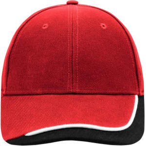 A red cap with a black and white peak, featuring a branding logo on the front.