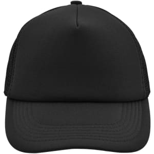 A black 5 Panel Polyester Mesh Trucker cap with a structured front and mesh sides. It features a logo.
