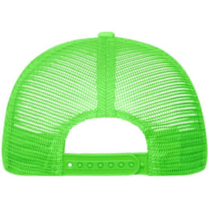 A bright green 5 Panel Polyester Mesh Trucker hat with a snapback closure and a mesh design at the back.