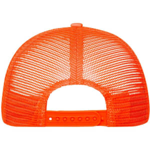 An orange 5-panel polyester mesh trucker cap featuring a snapback closure and a mesh design at the rear.