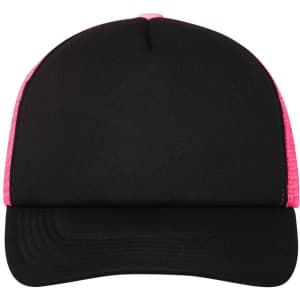 A black and pink 5 panel polyester mesh trucker cap with a curved brim and a logo on the front.
