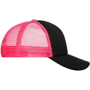 A pink and black 5 Panel Polyester Mesh Trucker cap featuring a mesh back and a curved brim.