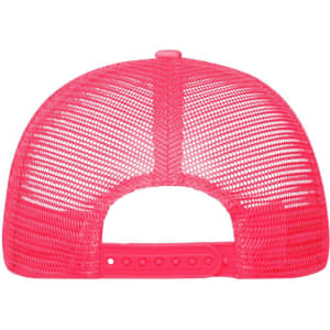 A bright pink 5-panel polyester mesh trucker cap with a snapback closure and a logo on the back.
