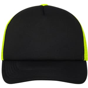 A black and high-visibility yellow 5 panel polyester mesh trucker cap with a curved visor and a logo.