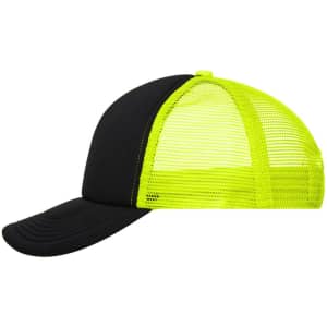 A black and neon yellow 5-panel polyester mesh trucker cap with a curved brim and a mesh back.