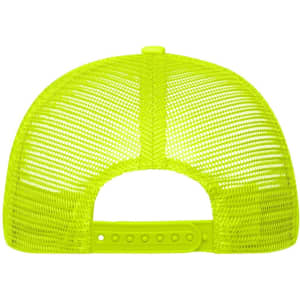 A bright yellow 5-panel polyester mesh trucker cap featuring a plastic snapback closure and a mesh back.