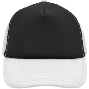 A black and white 5 Panel Polyester Mesh Trucker cap with a solid front and mesh sides, featuring a logo.