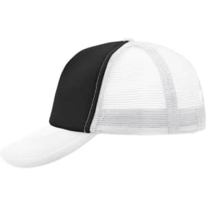 A black and white 5 Panel Polyester Mesh Trucker cap with a mesh back and a curved peak. It features a logo.