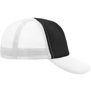 A black and white 5 Panel Polyester Mesh Trucker cap with a mesh back and solid front panel.