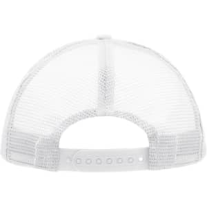A white 5 Panel Polyester Mesh Trucker cap with a mesh rear and an adjustable snap closure.