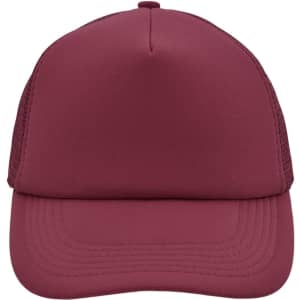 A maroon 5 panel polyester mesh trucker cap with a solid front and mesh sides. It features a logo on the front.