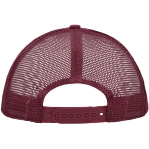 A maroon 5 panel polyester mesh trucker cap with a snapback closure and a mesh design at the back.
