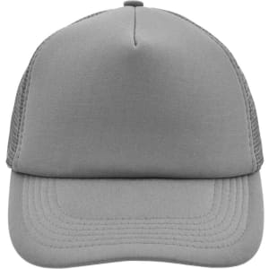 A grey 5 panel polyester mesh trucker cap featuring a solid front and mesh sides, with a flat brim and an adjustable back.