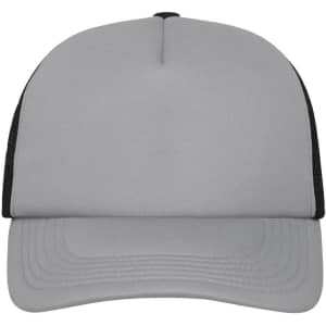 A grey 5-panel polyester mesh trucker cap with black mesh panels and a structured front. Features a logo.