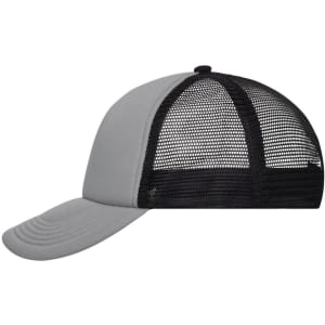 A grey 5 Panel Polyester Mesh Trucker cap with a black mesh back and an adjustable strap.