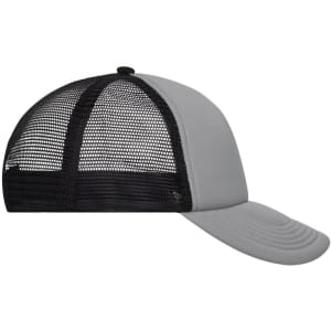 A grey 5 panel trucker cap with a black mesh back and a curved brim. It features a logo on the front.