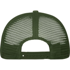 An olive green 5 Panel Polyester Mesh Trucker hat featuring a mesh back and adjustable strap.
