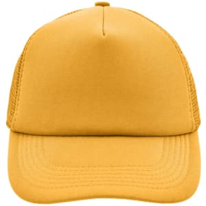 A yellow 5 Panel Polyester Mesh Trucker hat with a solid front and mesh sides, featuring a logo.