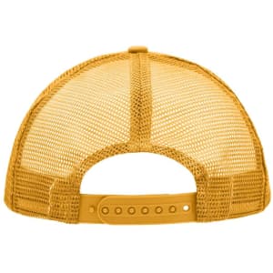 A yellow 5 panel polyester mesh trucker hat with a snapback closure, featuring a mesh design for ventilation.