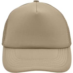 A beige 5 panel polyester mesh trucker cap with a rounded crown and a solid front panel. It features a logo.