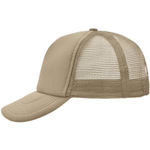 A beige 5-panel polyester mesh trucker cap with a curved brim and a mesh back. It features a logo.