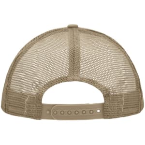 A beige 5 Panel Polyester Mesh Trucker cap featuring a mesh back and an adjustable strap.
