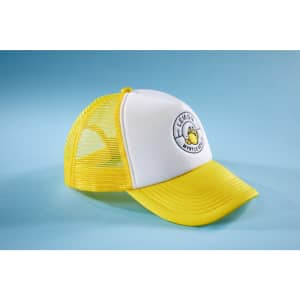 A yellow and white 5 Panel Polyester Mesh Trucker cap with a logo on the front and mesh sides.