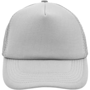 A grey 5-panel polyester mesh trucker cap with a solid front and mesh sides, featuring a logo.