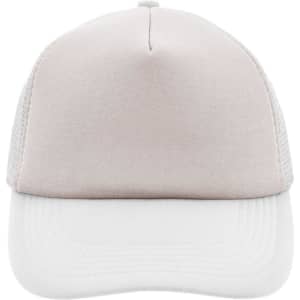 A beige and white 5-panel polyester mesh trucker cap with a solid front and mesh sides.
