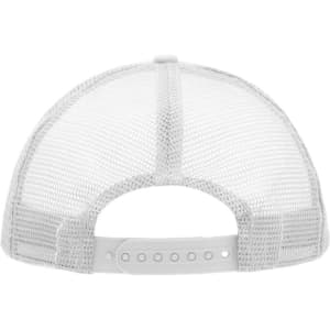 A white 5 panel polyester mesh trucker cap featuring a plastic snapback and mesh detailing at the rear.
