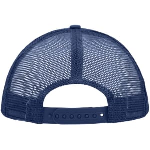 A navy blue 5 Panel Polyester Mesh Trucker cap featuring a mesh back and an adjustable strap. It has a logo present.