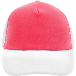 A pink and white 5 panel polyester mesh trucker hat with a structured front and mesh sides, featuring a logo.