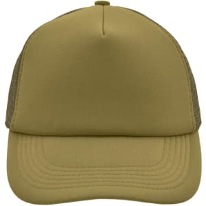A khaki 5-panel polyester mesh trucker cap with a structured front and breathable mesh sides. It features a logo.