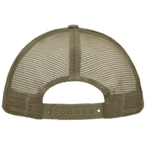 A five-panel trucker cap in tan with a polyester mesh back and adjustable strap, featuring a logo.