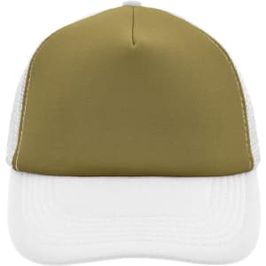 A khaki polyester mesh trucker cap with a white brim and side mesh panels, featuring a logo.