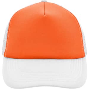 An orange and white 5 panel polyester mesh trucker cap with a logo on the front.